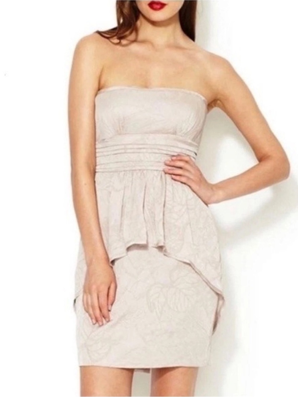 BCBGMaxAzria Karla Dress Floral Brocade Peplum Cocktail Dress Light Sepia Size 2
